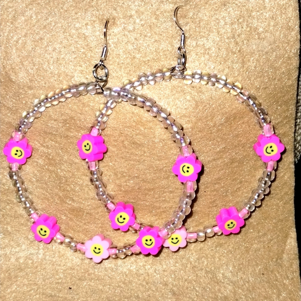 Cute Pink Smiley face Handmade beaded hoop earrings.